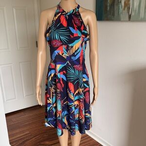 Tropical Halter Dress in Navy with Multi-Color Leaf Print